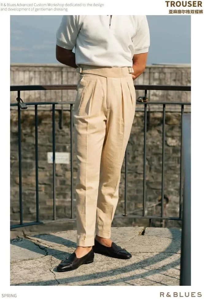 JinXuanYa Men's Linen High-Waisted Pleated Trousers - Double Pleat Design with Adjustable Belt, Business Casual Summer Pants