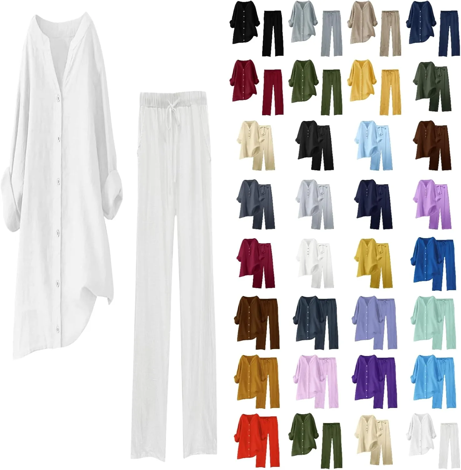JiXiang Linen 2 Piece Outfits for Women Long Sleeve V Neck Button Down Shirts and Wide Leg Pants with Pockets Sweatsuit