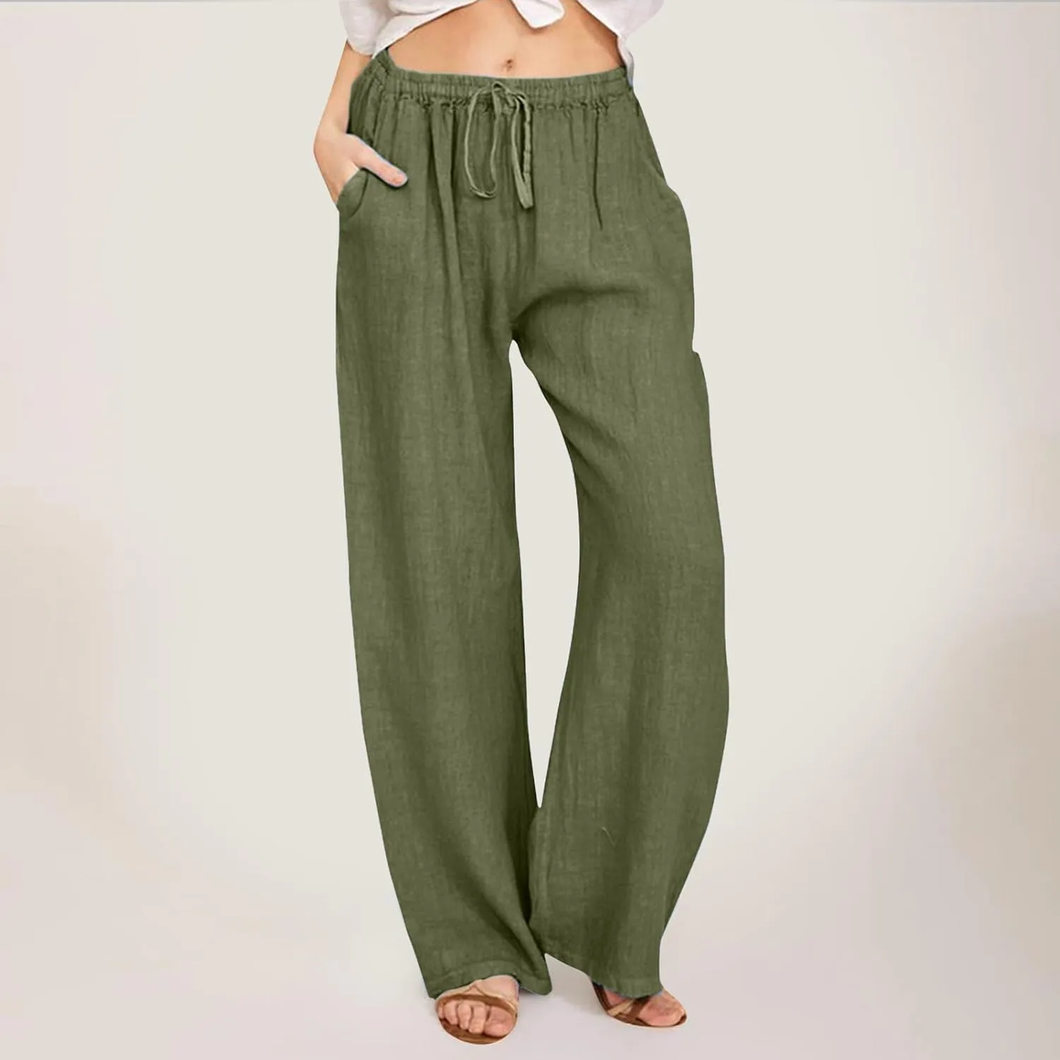 JiXiang Trousers for Women Trendy High Waisted Wide Leg Loose Drawstring Elastic Comfort Straight Long Pants with Pockets