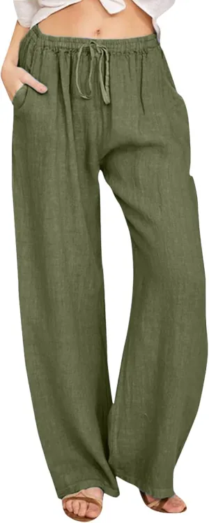 JiXiang Trousers for Women Trendy High Waisted Wide Leg Loose Drawstring Elastic Comfort Straight Long Pants with Pockets