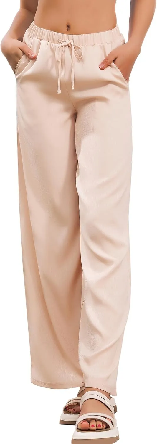 JK SUE JONES Linen Pants Women Summer Wide Leg Flowy Beach Satin Palazzo Pants Loose Casual Lounge Trousers