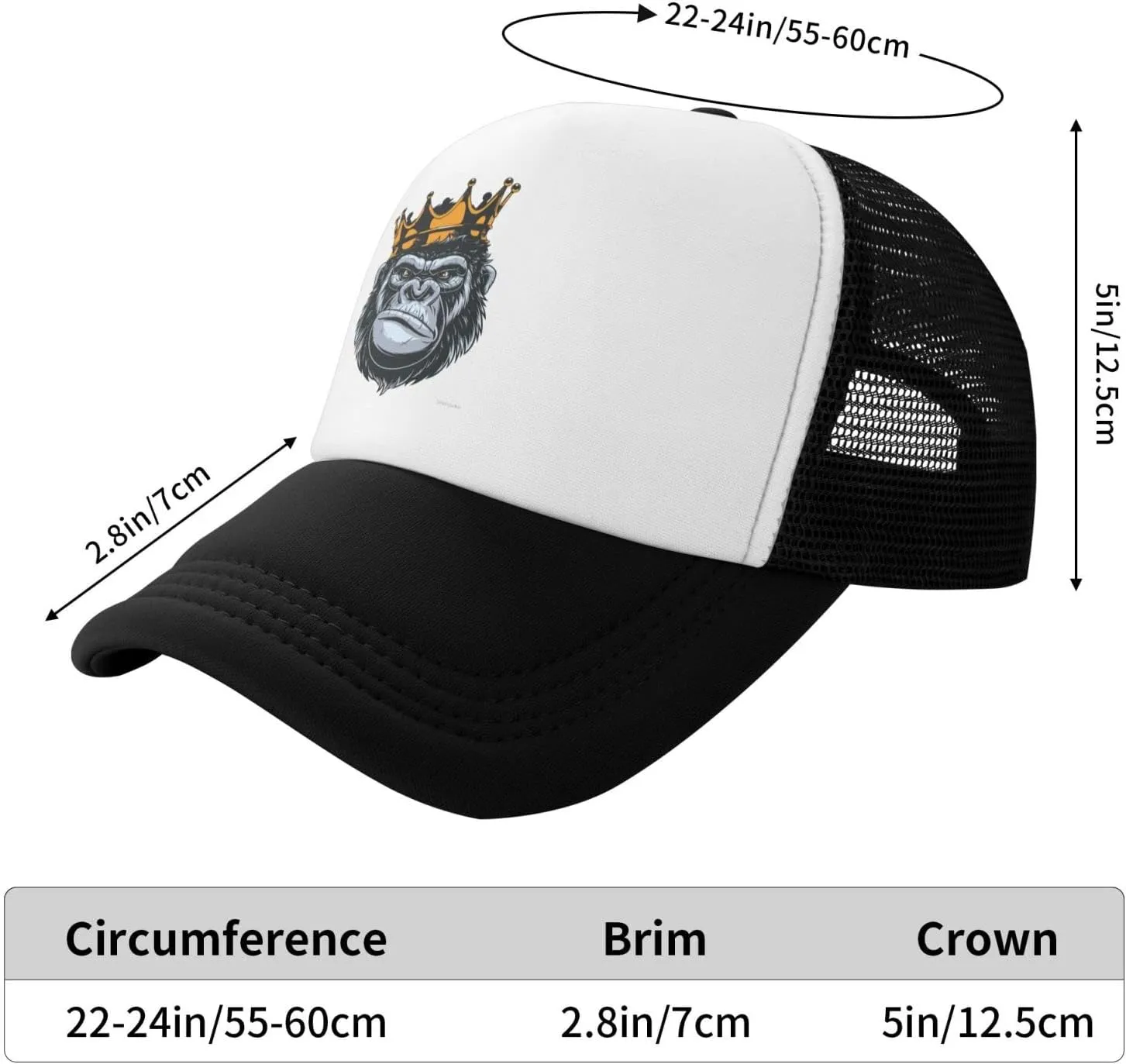 King Gorilla Ape Monkey Aldult Baseball Cap Mesh Trucker Hat Adjustable Sun Protection Snapback Hat Unisex Black