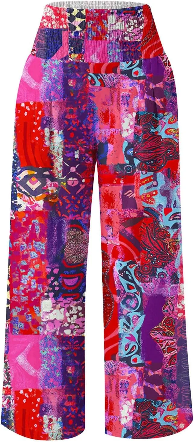 Ladies Floral Wide Leg Pants Soft Cotton Linen Smocked Waist Trousers with Pockets Relaxed Fit for Vacations 2025