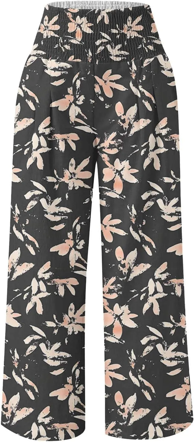 Ladies Floral Wide Leg Pants Soft Cotton Linen Smocked Waist Trousers with Pockets Relaxed Fit for Vacations 2025
