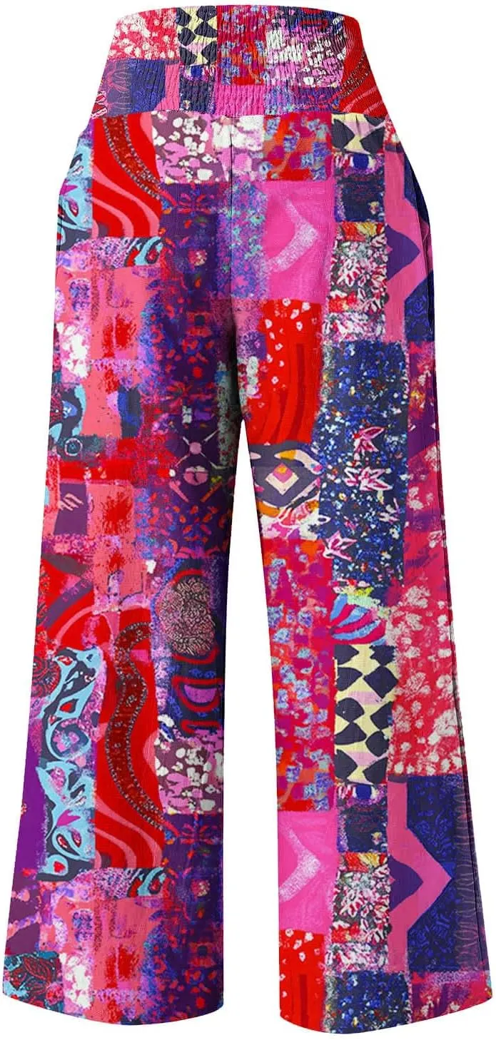 Ladies Floral Wide Leg Pants Soft Cotton Linen Smocked Waist Trousers with Pockets Relaxed Fit for Vacations 2025