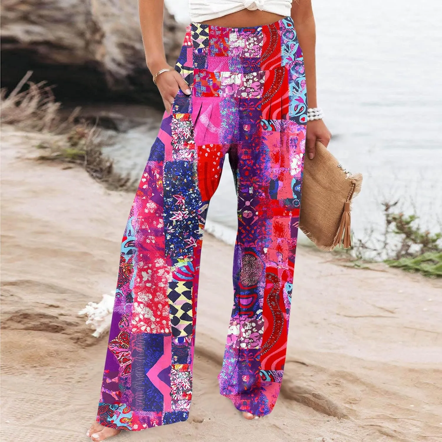 Ladies Floral Wide Leg Pants Soft Cotton Linen Smocked Waist Trousers with Pockets Relaxed Fit for Vacations 2025