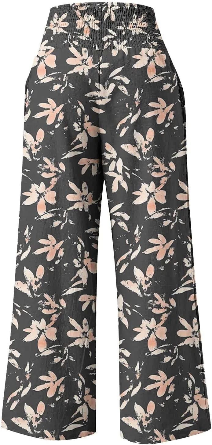 Ladies Floral Wide Leg Pants Soft Cotton Linen Smocked Waist Trousers with Pockets Relaxed Fit for Vacations 2025