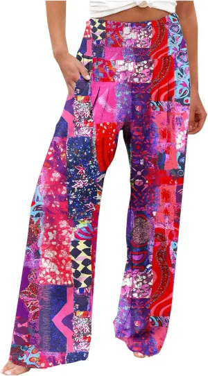 Ladies Floral Wide Leg Pants Soft Cotton Linen Smocked Waist Trousers with Pockets Relaxed Fit for Vacations 2025