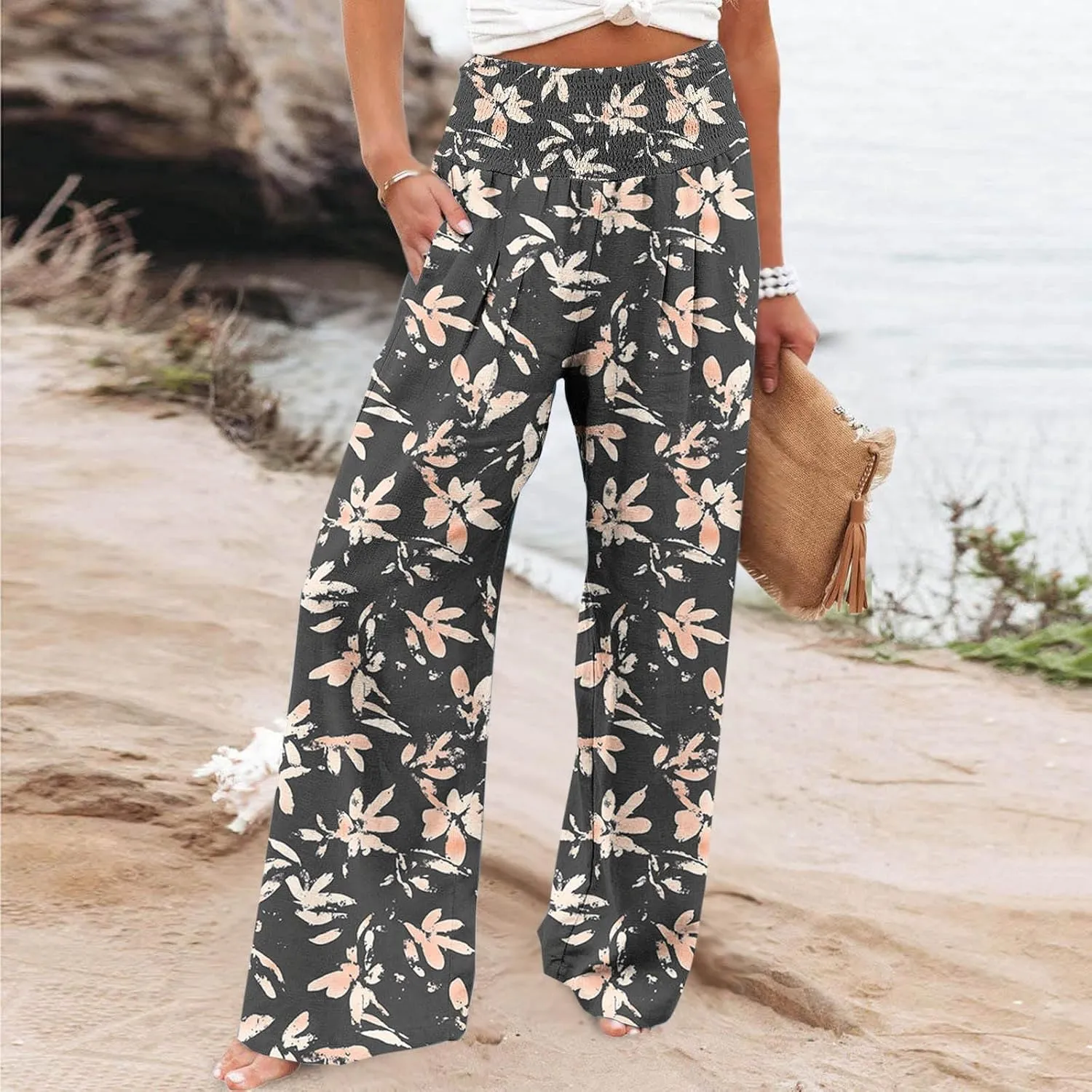 Ladies Floral Wide Leg Pants Soft Cotton Linen Smocked Waist Trousers with Pockets Relaxed Fit for Vacations 2025