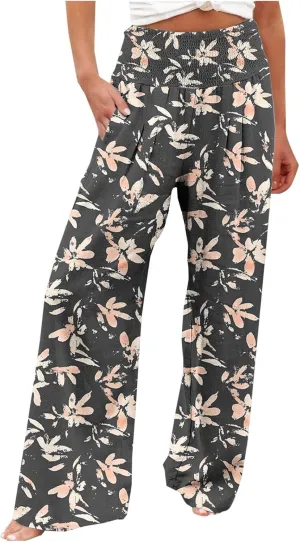 Ladies Floral Wide Leg Pants Soft Cotton Linen Smocked Waist Trousers with Pockets Relaxed Fit for Vacations 2025