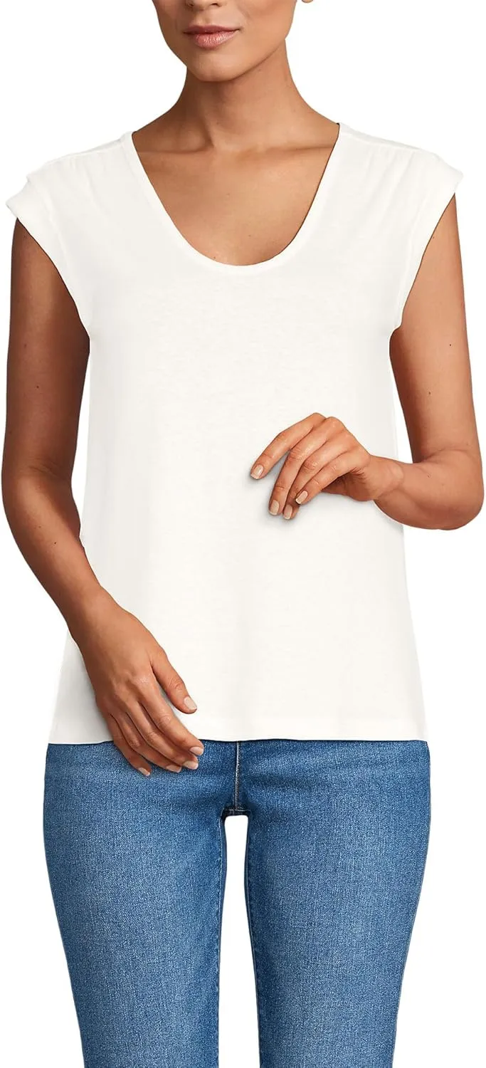 Lands' End Women's Linen Blend Cap Sleeve Gathered Shoulder Tee