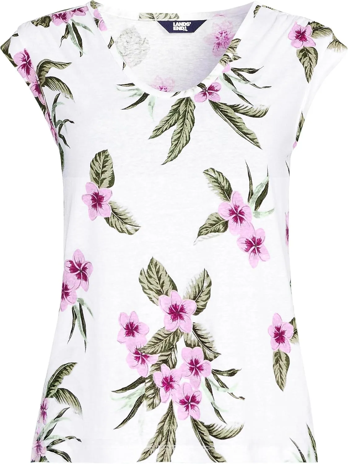Lands' End Women's Linen Blend Cap Sleeve Gathered Shoulder Tee