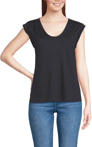 Lands' End Women's Linen Blend Cap Sleeve Gathered Shoulder Tee