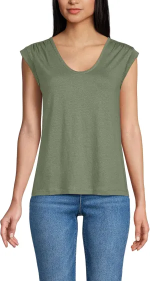 Lands' End Women's Linen Blend Cap Sleeve Gathered Shoulder Tee