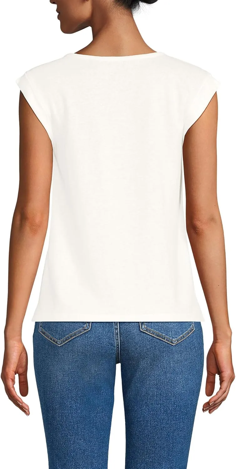 Lands' End Women's Linen Blend Cap Sleeve Gathered Shoulder Tee