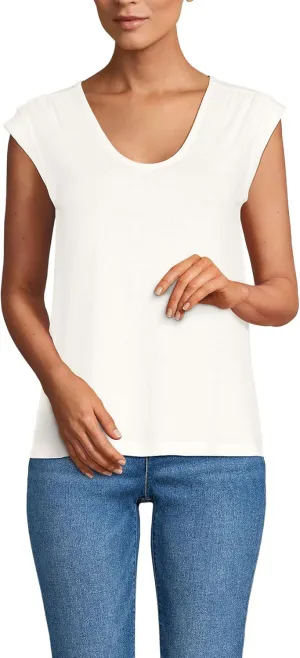 Lands' End Women's Linen Blend Cap Sleeve Gathered Shoulder Tee