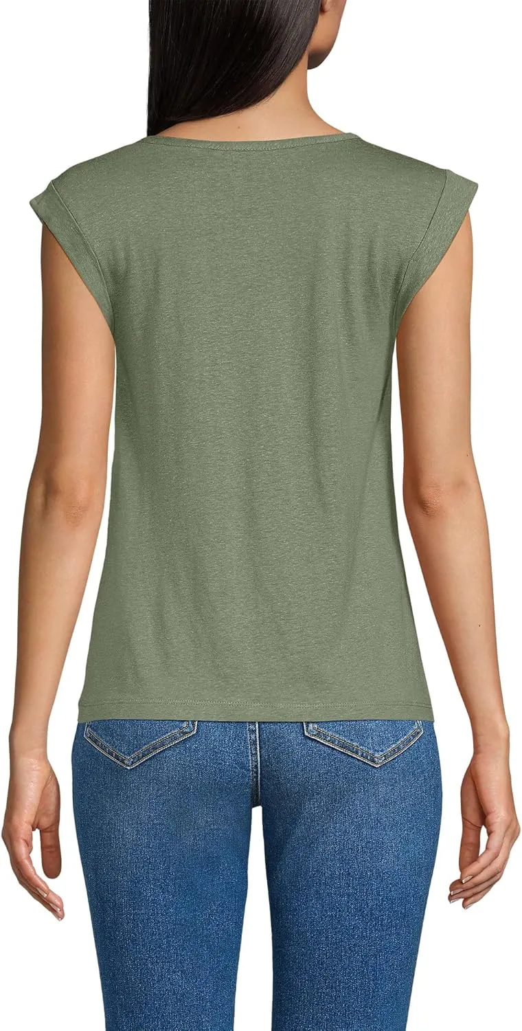 Lands' End Women's Linen Blend Cap Sleeve Gathered Shoulder Tee