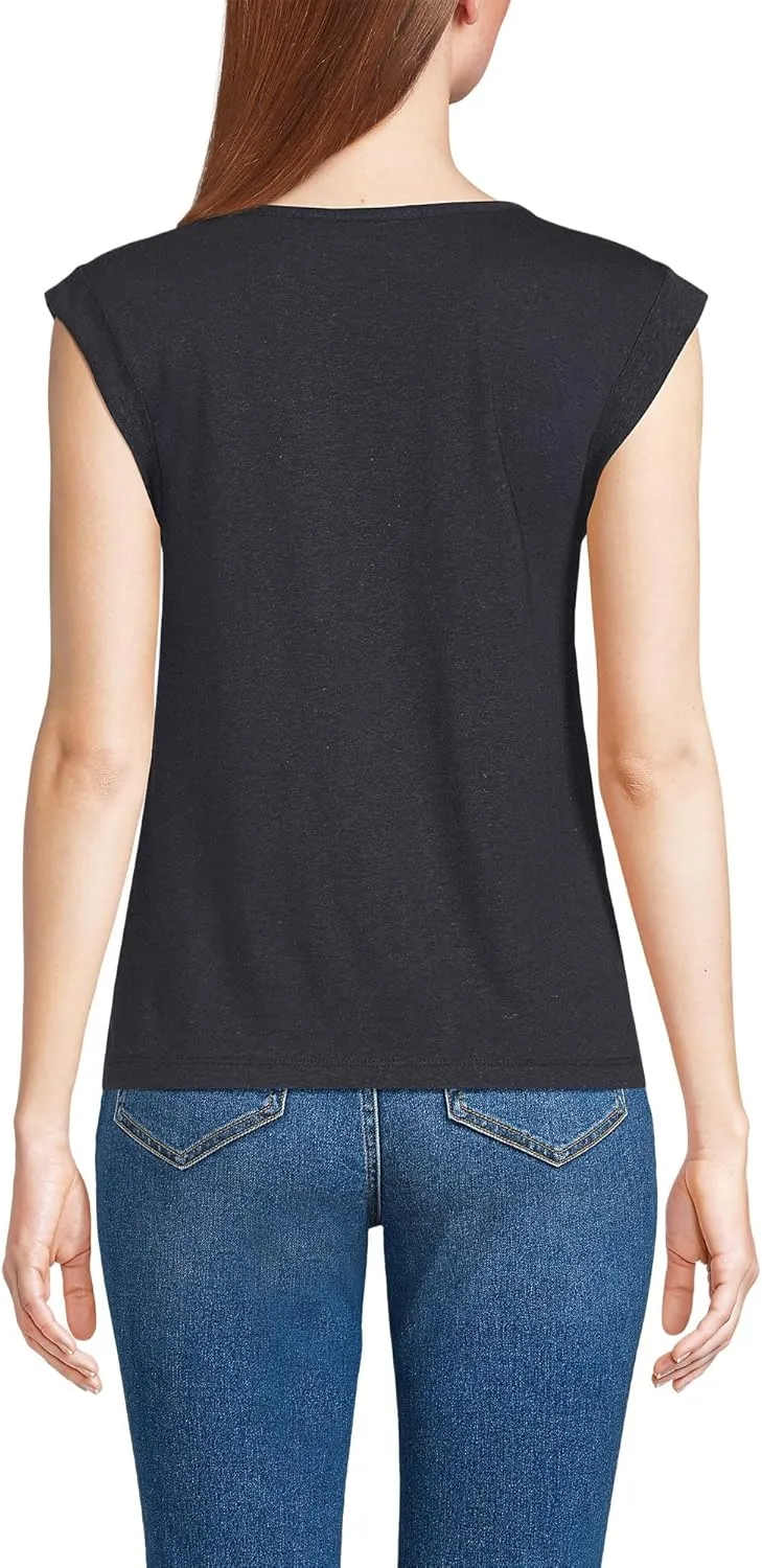 Lands' End Women's Linen Blend Cap Sleeve Gathered Shoulder Tee