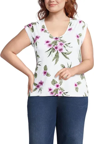 Lands' End Women's Linen Blend Cap Sleeve Gathered Shoulder Tee
