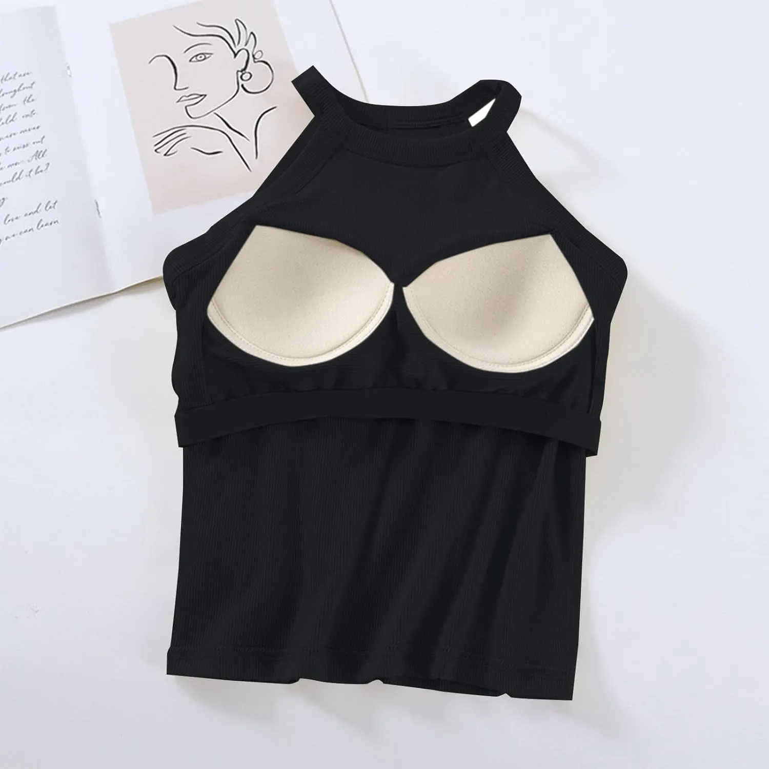 Lastesso Tank Tops with Built in Bras Sleeveless Racerback Casual Basic Ribbed Shirts High Neck Slim Fitted Crop Shirts