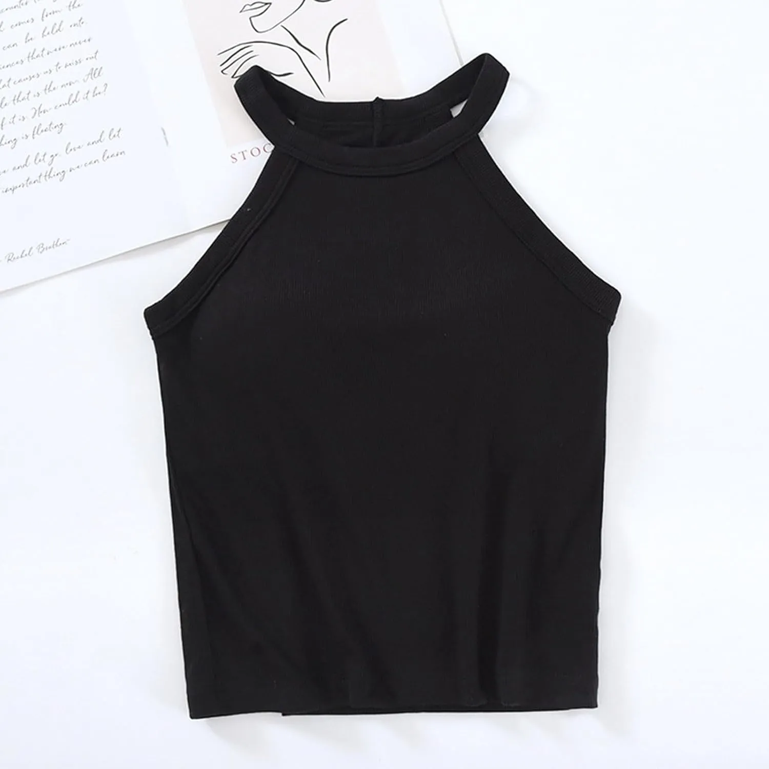 Lastesso Tank Tops with Built in Bras Sleeveless Racerback Casual Basic Ribbed Shirts High Neck Slim Fitted Crop Shirts