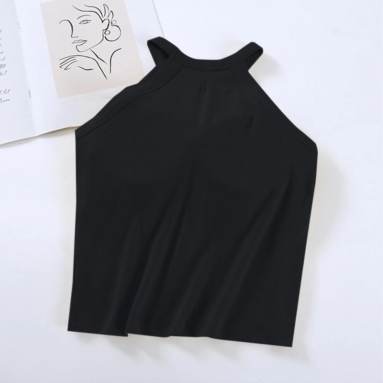 Lastesso Tank Tops with Built in Bras Sleeveless Racerback Casual Basic Ribbed Shirts High Neck Slim Fitted Crop Shirts