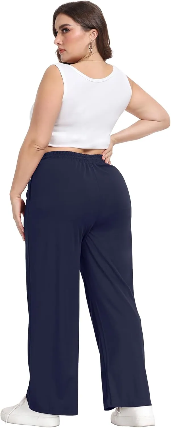 Lastshe Women's Plus Size Casual Pants Elastic Waist Wide Leg Loose Fit Pajama Drawstring Home Pants with Pockets