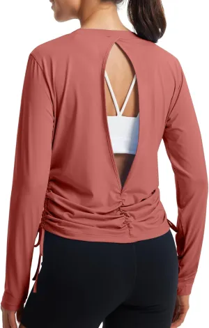 Libin Women's Long Sleeve Workout Tops UPF 50  Sun Protection Shirts Open Back Quick Dry Athletic Yoga Running T Shirt