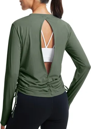 Libin Women's Long Sleeve Workout Tops UPF 50  Sun Protection Shirts Open Back Quick Dry Athletic Yoga Running T Shirt
