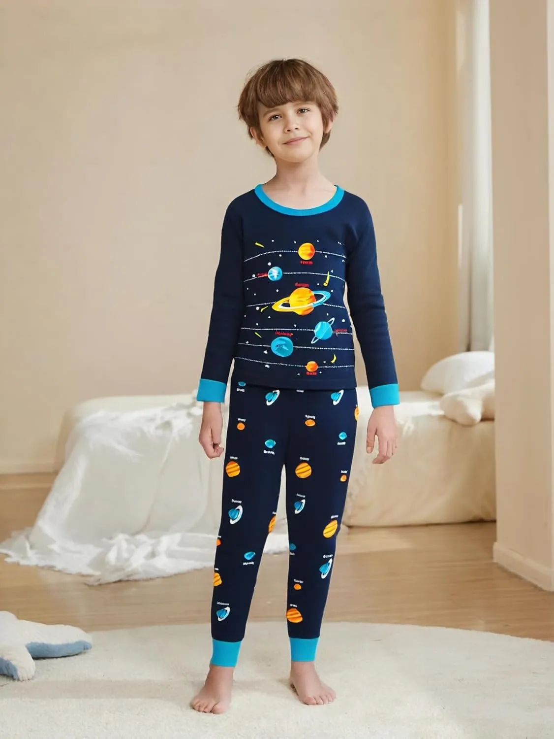 Little Boy Space Pajama Set 100% Cotton Dinosaur Sleepwear Long Sleeve Pjs 3-7T