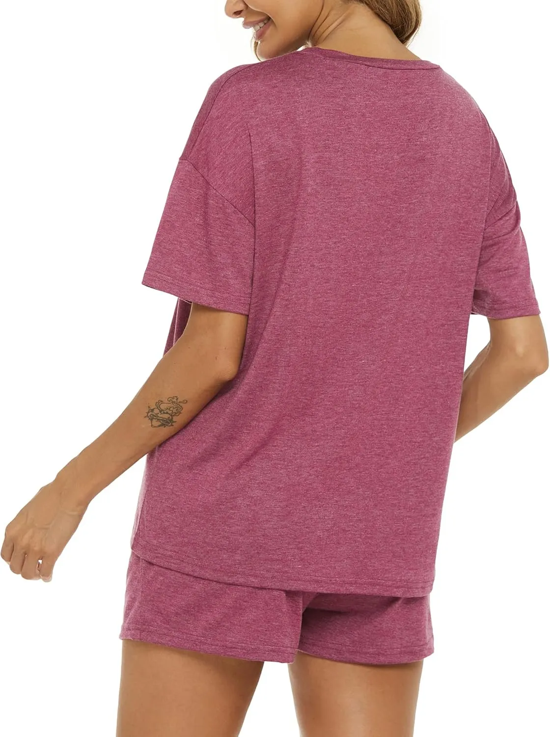 LOCUBE Women's Short Pajama Set Comfy Summer Loungewear, Short Sleeve Top and Pocketed Drawstring Shorts