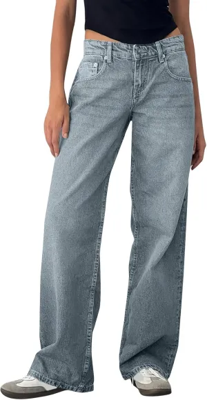 Low Rise Baggy Jeans for Women Y2k Boyfriend Barrel Wide Leg Jeans Loose Casual Denim Trousers Jeans with Pockets