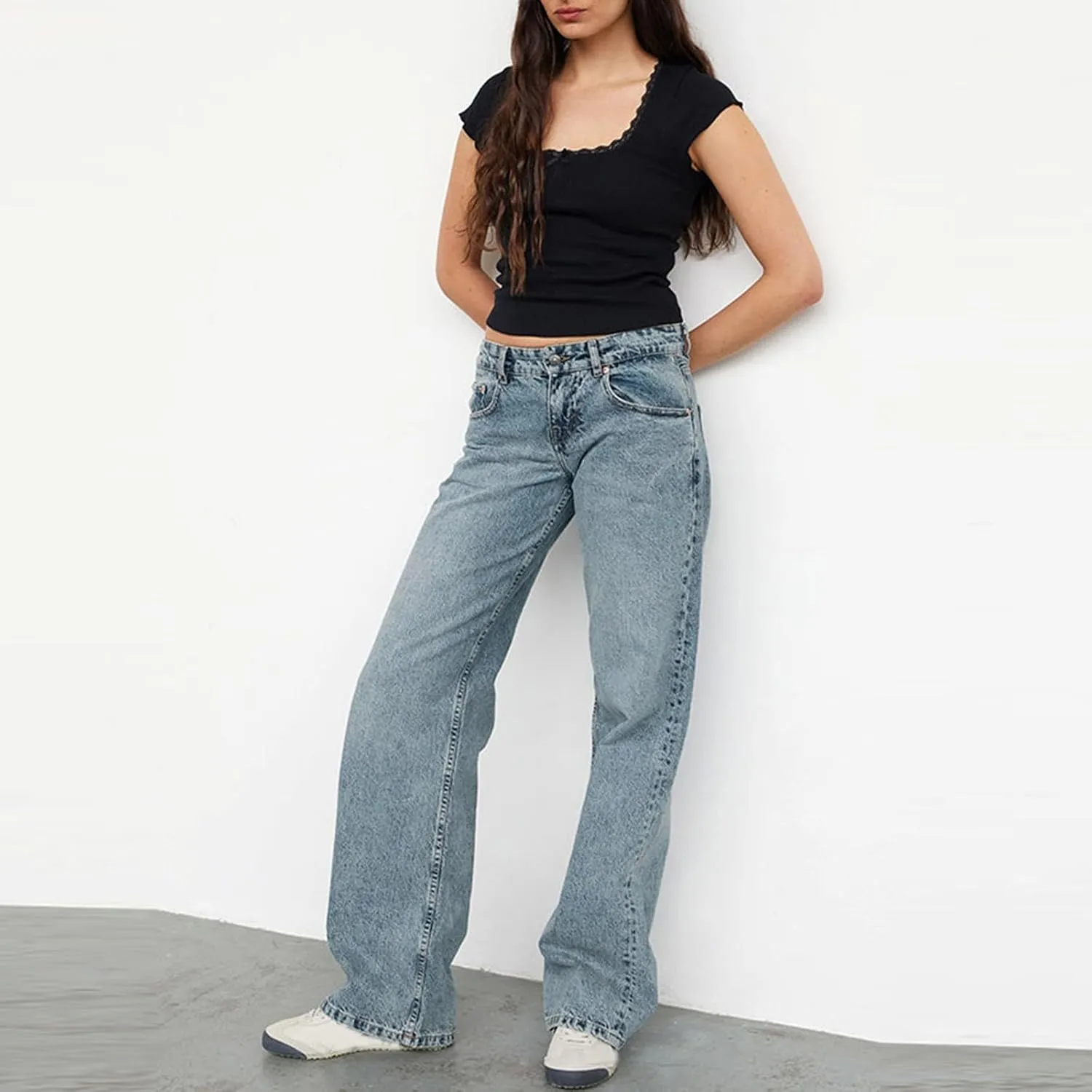 Low Rise Baggy Jeans for Women Y2k Boyfriend Barrel Wide Leg Jeans Loose Casual Denim Trousers Jeans with Pockets