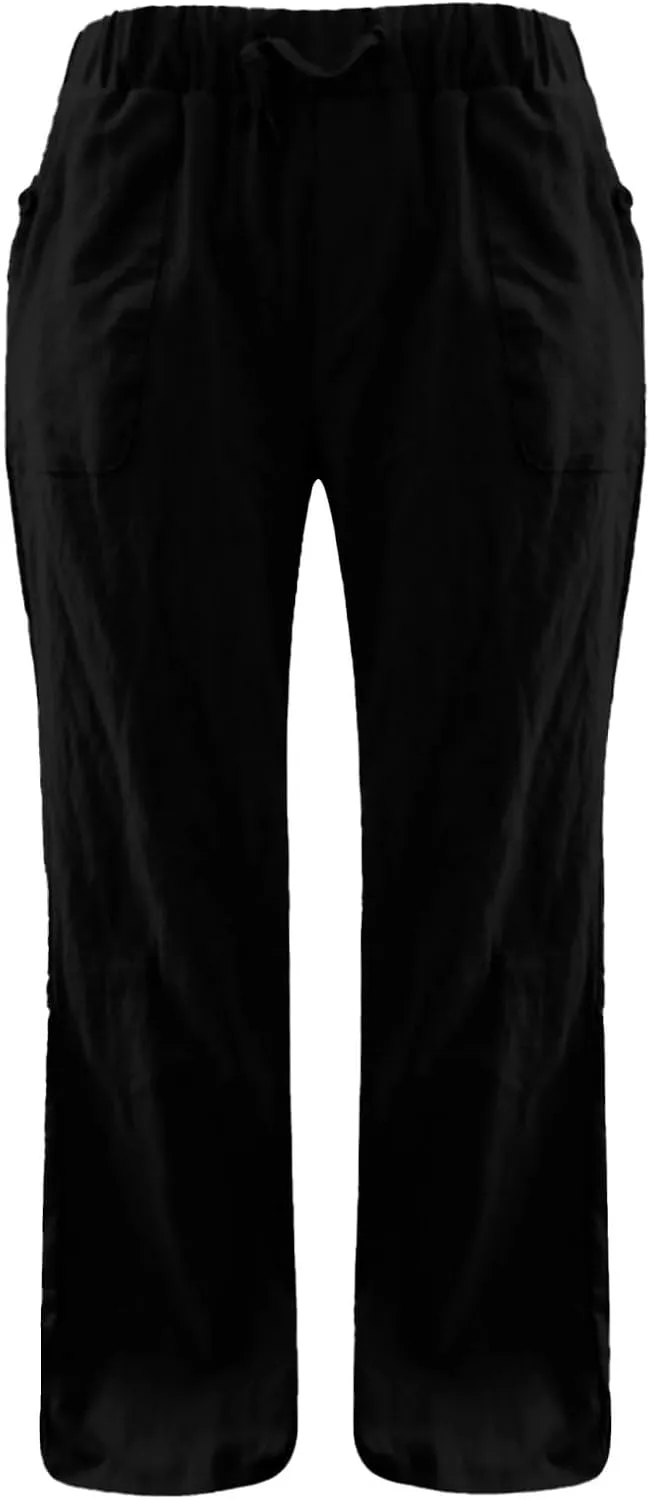Low Rise Petite Linen Pants for Women Drawstring Elastic Waist Y2K Casual Flared Trouser Summer Loungewear Yoga Pants