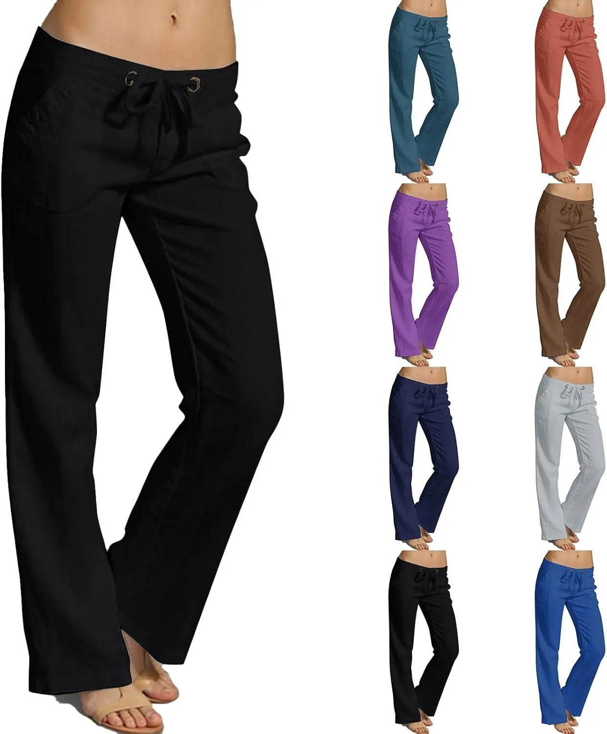Low Rise Petite Linen Pants for Women Drawstring Elastic Waist Y2K Casual Flared Trouser Summer Loungewear Yoga Pants