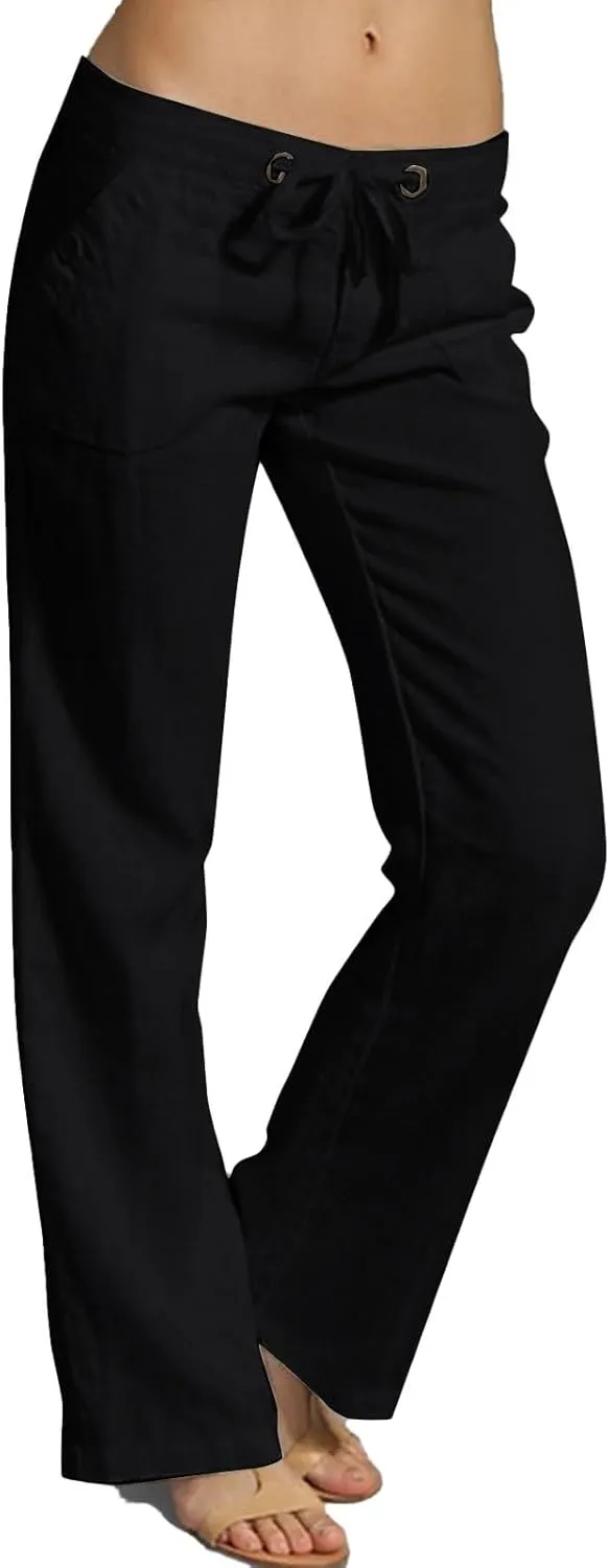 Low Rise Petite Linen Pants for Women Drawstring Elastic Waist Y2K Casual Flared Trouser Summer Loungewear Yoga Pants
