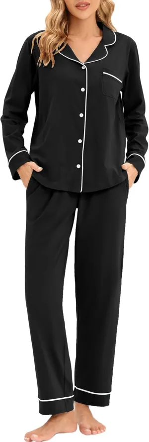 LUBOT 100% Cotton Pajamas for Women PJ Set Ladies Soft Button-Down 2 Piece Set Long Sleeve Sleepwear Loungewear S-XXL