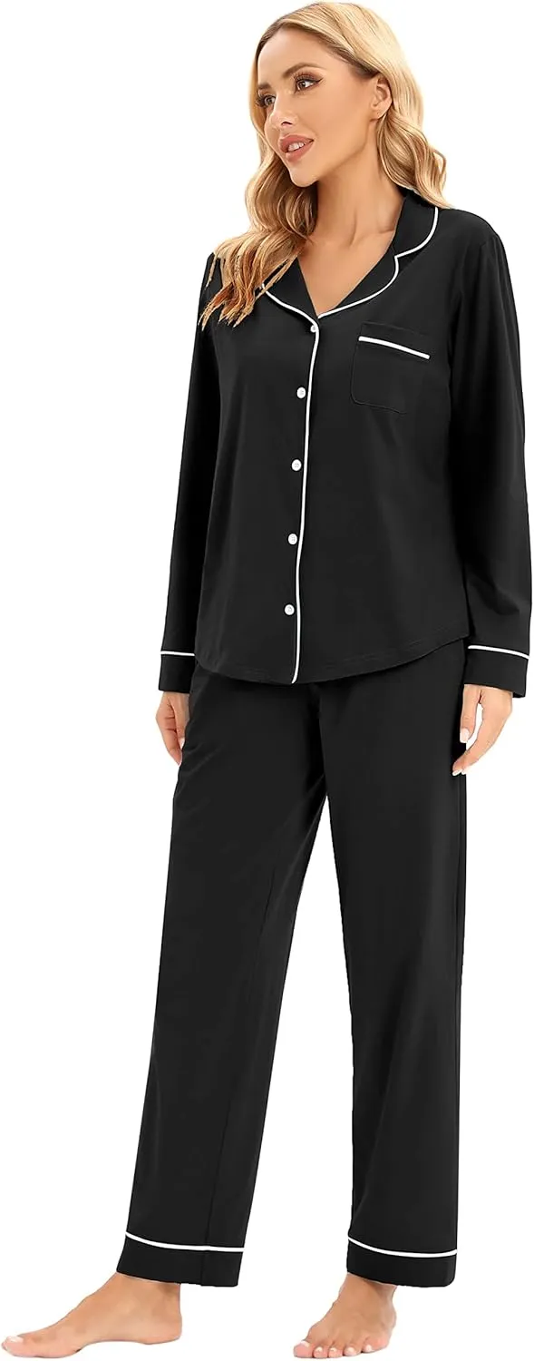 LUBOT 100% Cotton Pajamas for Women PJ Set Ladies Soft Button-Down 2 Piece Set Long Sleeve Sleepwear Loungewear S-XXL