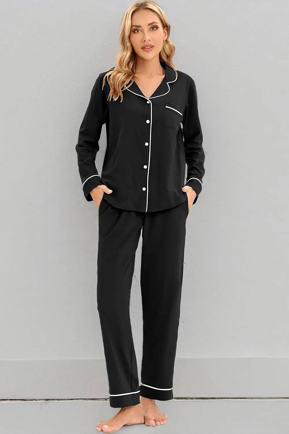 LUBOT 100% Cotton Pajamas for Women PJ Set Ladies Soft Button-Down 2 Piece Set Long Sleeve Sleepwear Loungewear S-XXL