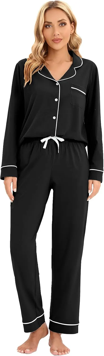 LUBOT 100% Cotton Pajamas for Women PJ Set Ladies Soft Button-Down 2 Piece Set Long Sleeve Sleepwear Loungewear S-XXL