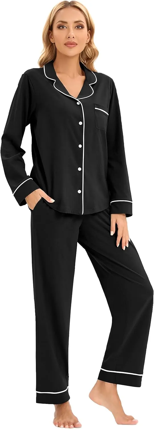 LUBOT 100% Cotton Pajamas for Women PJ Set Ladies Soft Button-Down 2 Piece Set Long Sleeve Sleepwear Loungewear S-XXL