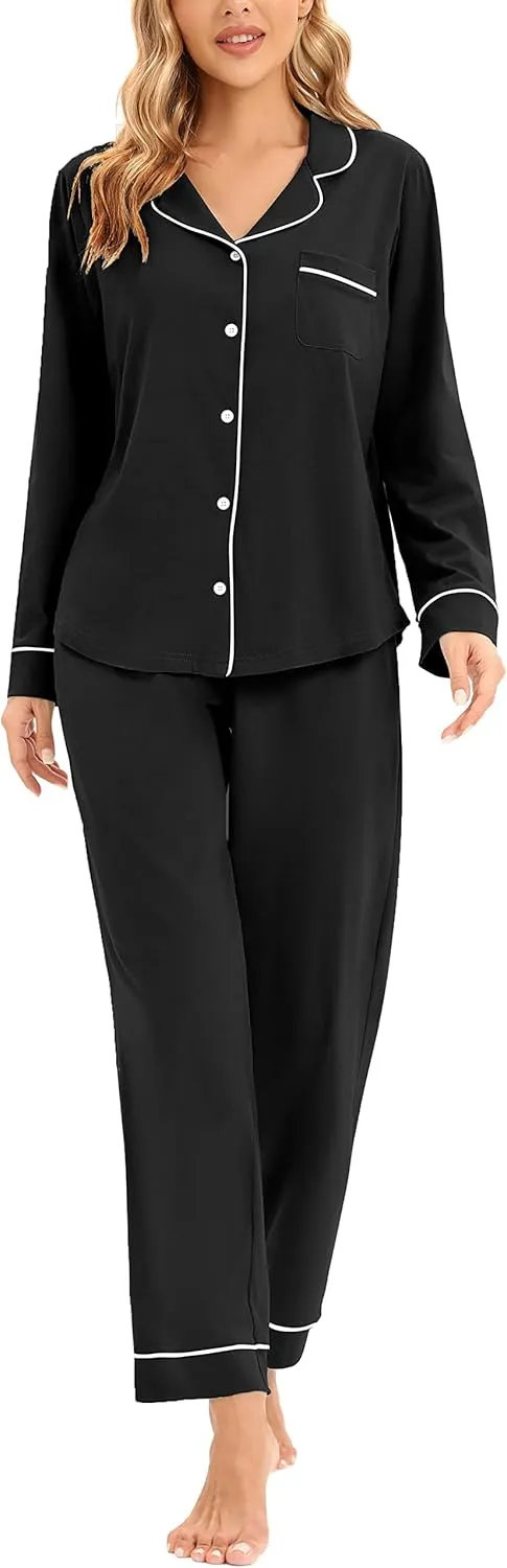 LUBOT 100% Cotton Pajamas for Women PJ Set Ladies Soft Button-Down 2 Piece Set Long Sleeve Sleepwear Loungewear S-XXL