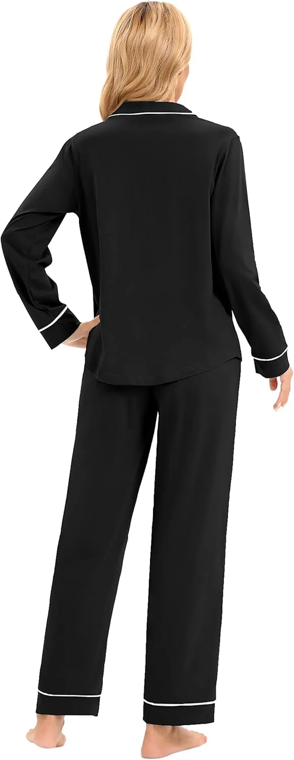 LUBOT 100% Cotton Pajamas for Women PJ Set Ladies Soft Button-Down 2 Piece Set Long Sleeve Sleepwear Loungewear S-XXL