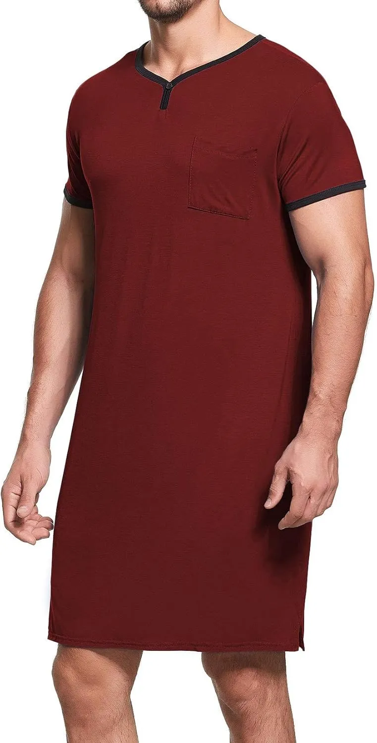 Lu's Chic Men's Nightshirt Short Sleeve Nightgown Henley Sleep Gowns Nightwear for Sleeping