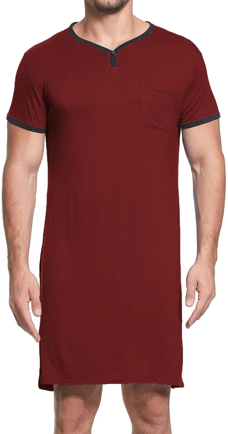 Lu's Chic Men's Nightshirt Short Sleeve Nightgown Henley Sleep Gowns Nightwear for Sleeping