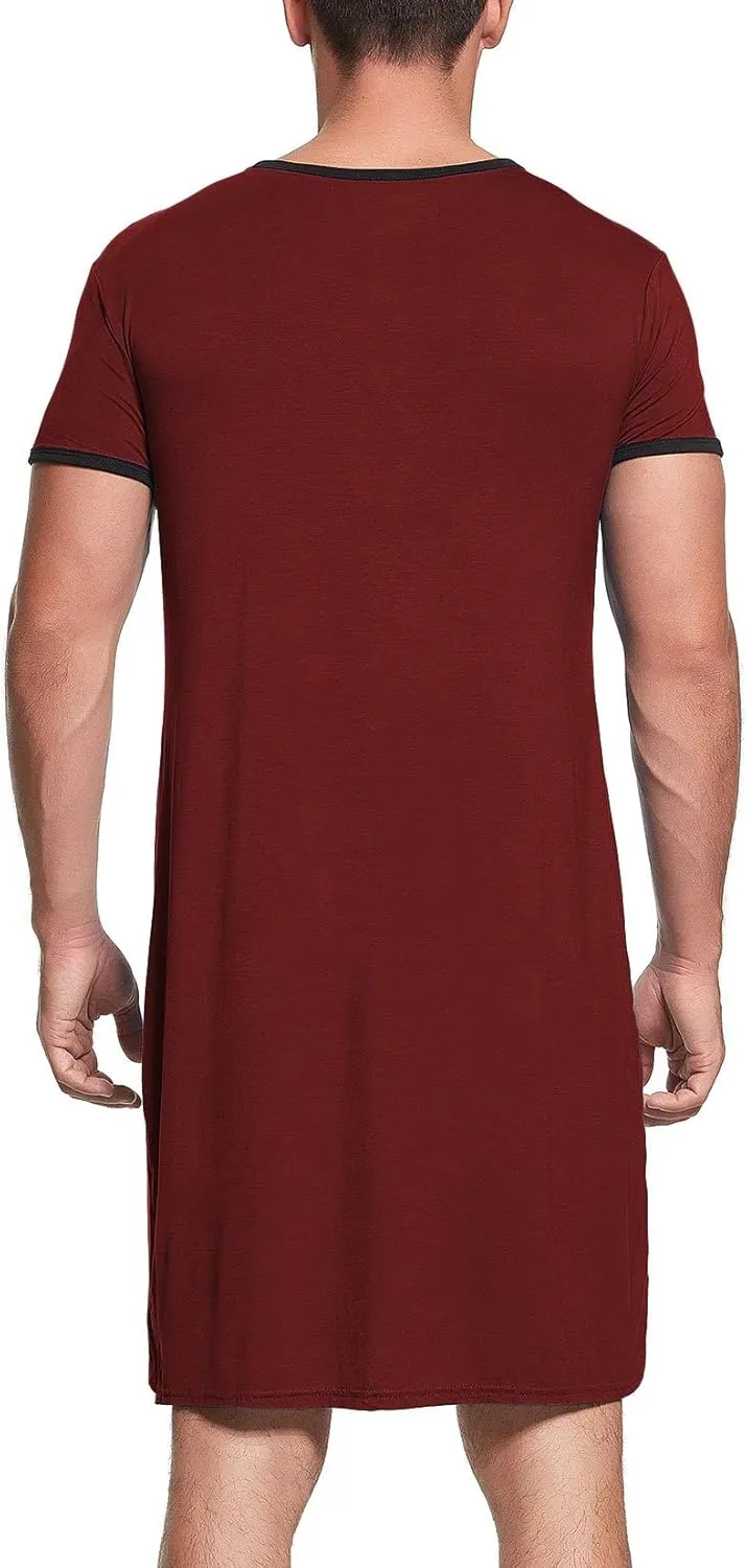 Lu's Chic Men's Nightshirt Short Sleeve Nightgown Henley Sleep Gowns Nightwear for Sleeping