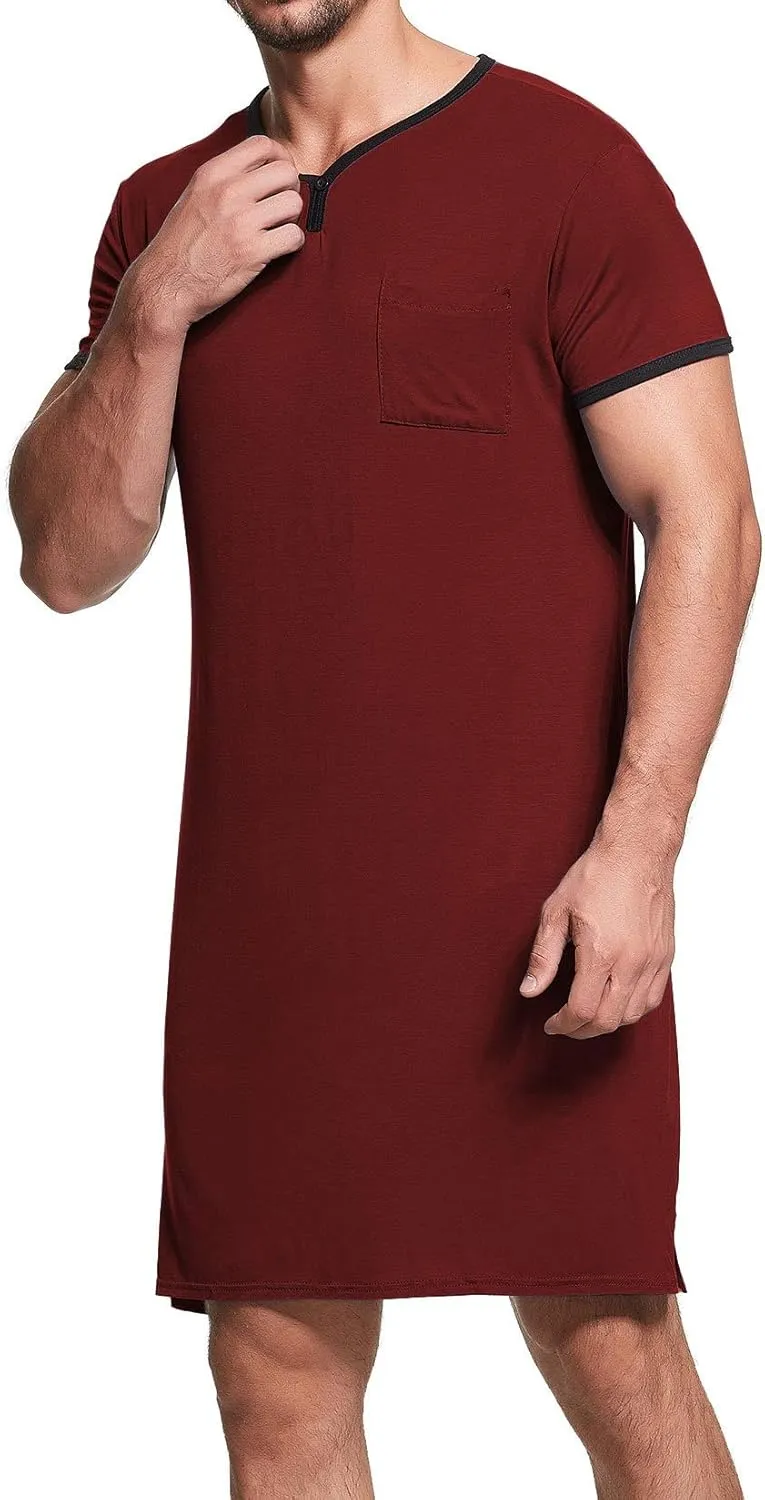 Lu's Chic Men's Nightshirt Short Sleeve Nightgown Henley Sleep Gowns Nightwear for Sleeping