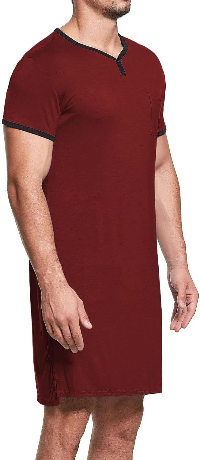 Lu's Chic Men's Nightshirt Short Sleeve Nightgown Henley Sleep Gowns Nightwear for Sleeping