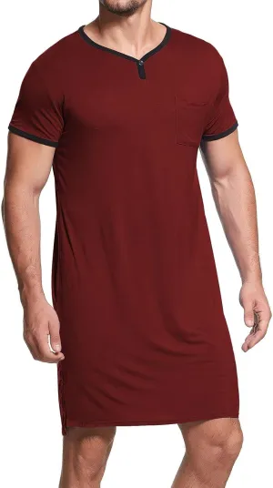 Lu's Chic Men's Nightshirt Short Sleeve Nightgown Henley Sleep Gowns Nightwear for Sleeping
