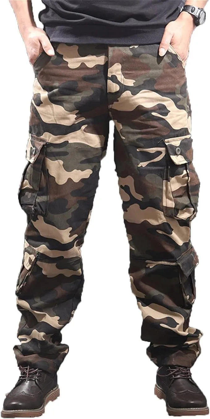 Maiyifu-GJ Men's Camo Cargo Pants Multi-Pockets Camouflage Hiking Trousers Sweatpants Loose Straight Leg Military Pants